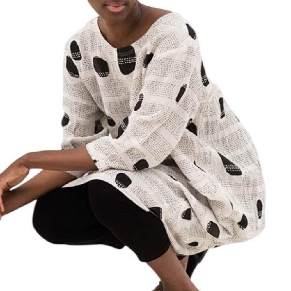 Noen Jessie Juniper Linen Shift‎ Dress Oatmeal Grey Spot Dash Print US 16 - Picture 3 of 11
